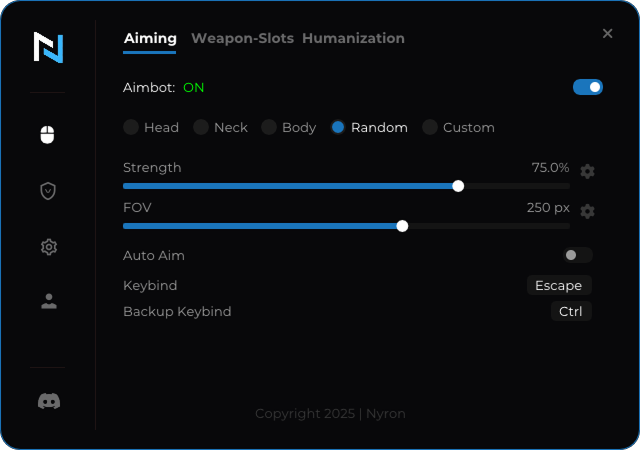 Aiming tab of Nyron AI