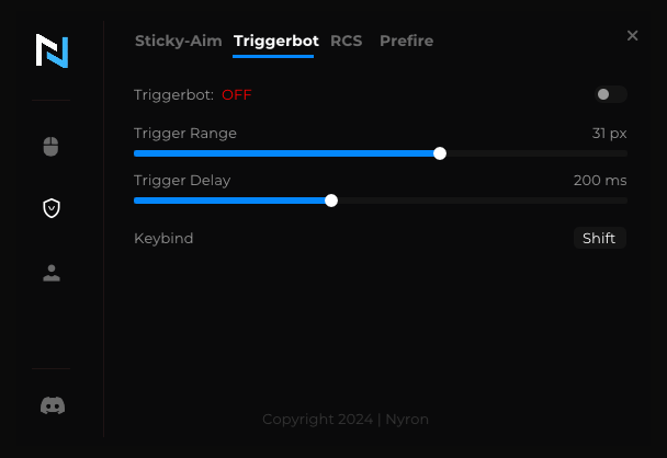 Triggerbot tab of Nyron AI